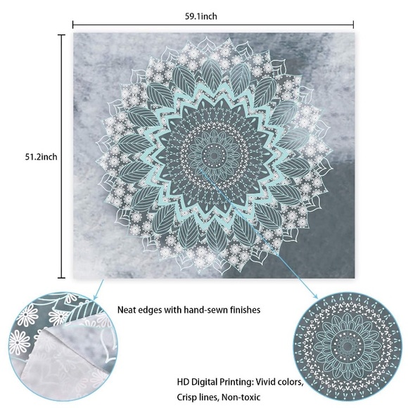 Grey/Teal Mandala Floral Leaf Boho Indie Tapestry/Blanket - Picture 3 of 8